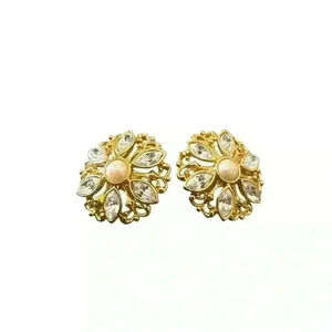 AVON Signed Rhinestone & Pearl Statement Earrings, Clip On Vintage Jewelry.